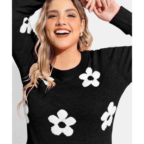 Plus Size Sweater Women Acrylic Polyamide Knit Crew Neck Floral Long Sleeve - Picture 4 of 5